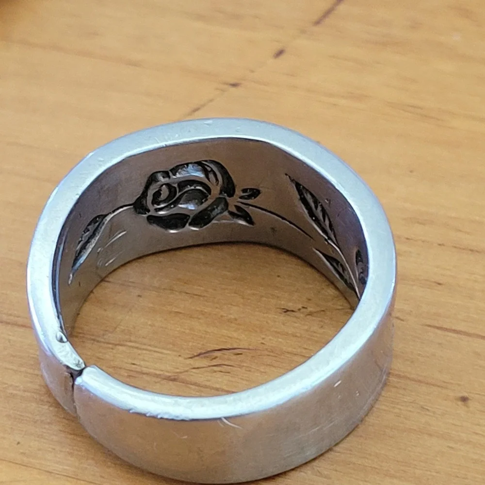 Vintage Floral Rose Spoon Ring Silver Tone Wide Band Size 11.5 12.54g